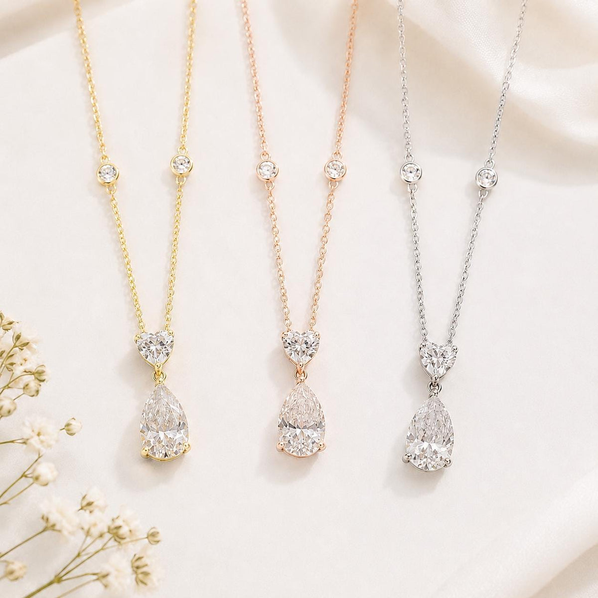Lab Grown Diamond Necklace, Pear & Heart Pendant, 14K Gold