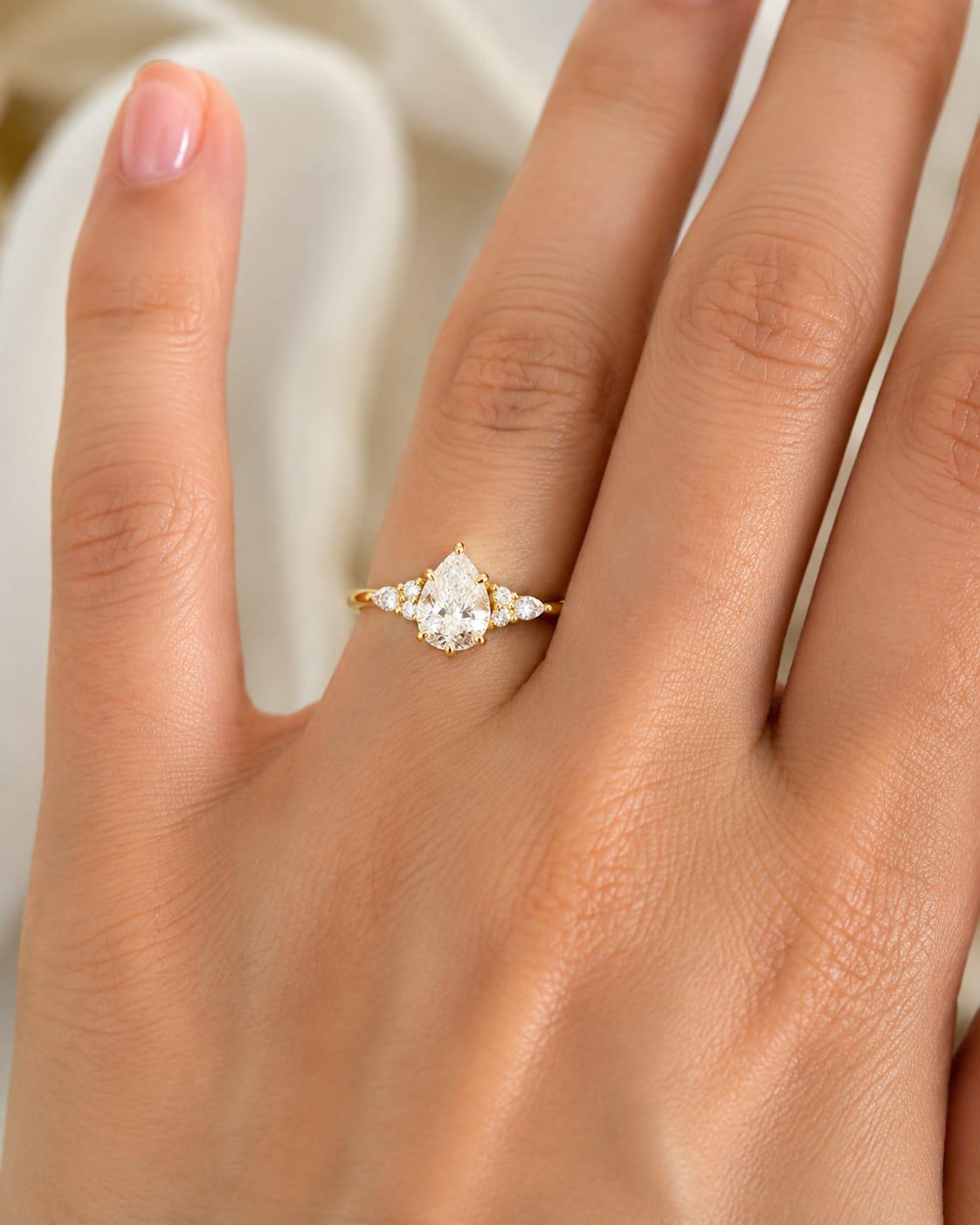 2 Carat Pear Lab Grown Diamond Engagement Ring, IGI Certified, Side Stone Ring, 14K Solid Gold
