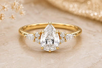 2 Carat Pear Lab Grown Diamond Engagement Ring, IGI Certified, Side Stone Ring, 14K Solid Gold