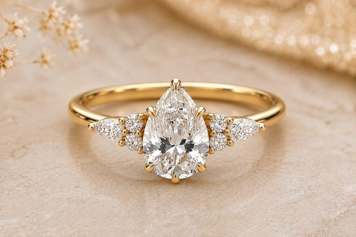 2 Carat Pear Lab Grown Diamond Engagement Ring, IGI Certified, Side Stone Ring, 14K Solid Gold
