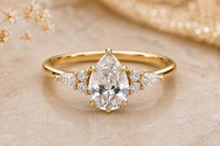 2 Carat Pear Lab Grown Diamond Engagement Ring, IGI Certified, Side Stone Ring, 14K Solid Gold