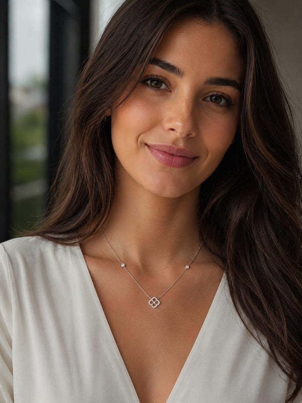 Diamond Clover Necklace in 14K Solid Gold, Lucky Clover Pendant