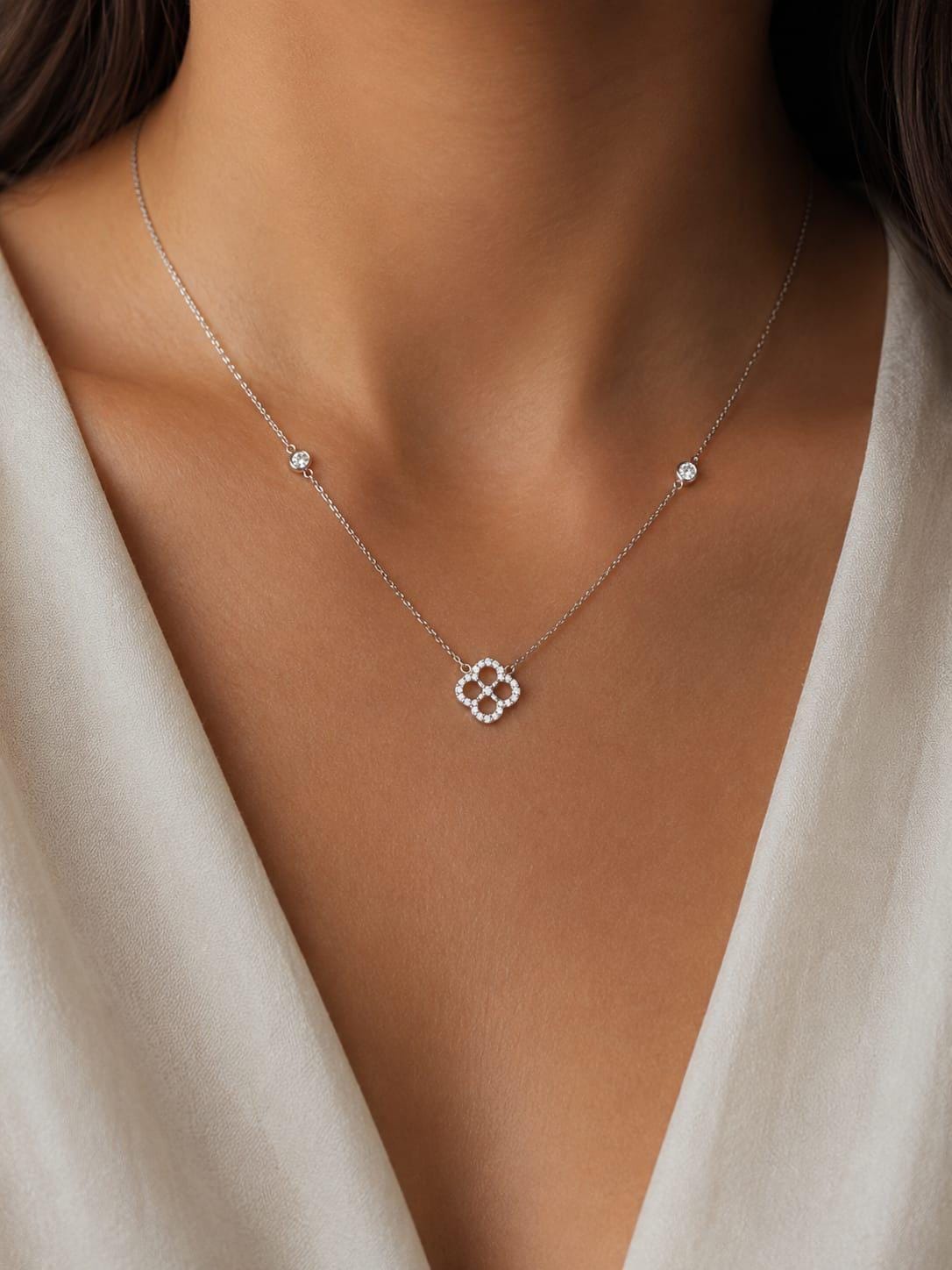 Diamond Clover Necklace in 14K Solid Gold, Lucky Clover Pendant