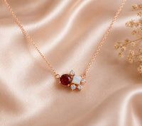 14K Gold Ruby Diamond Cluster Necklace, Round Gemstone Fine Jewelry, Birthday Necklace