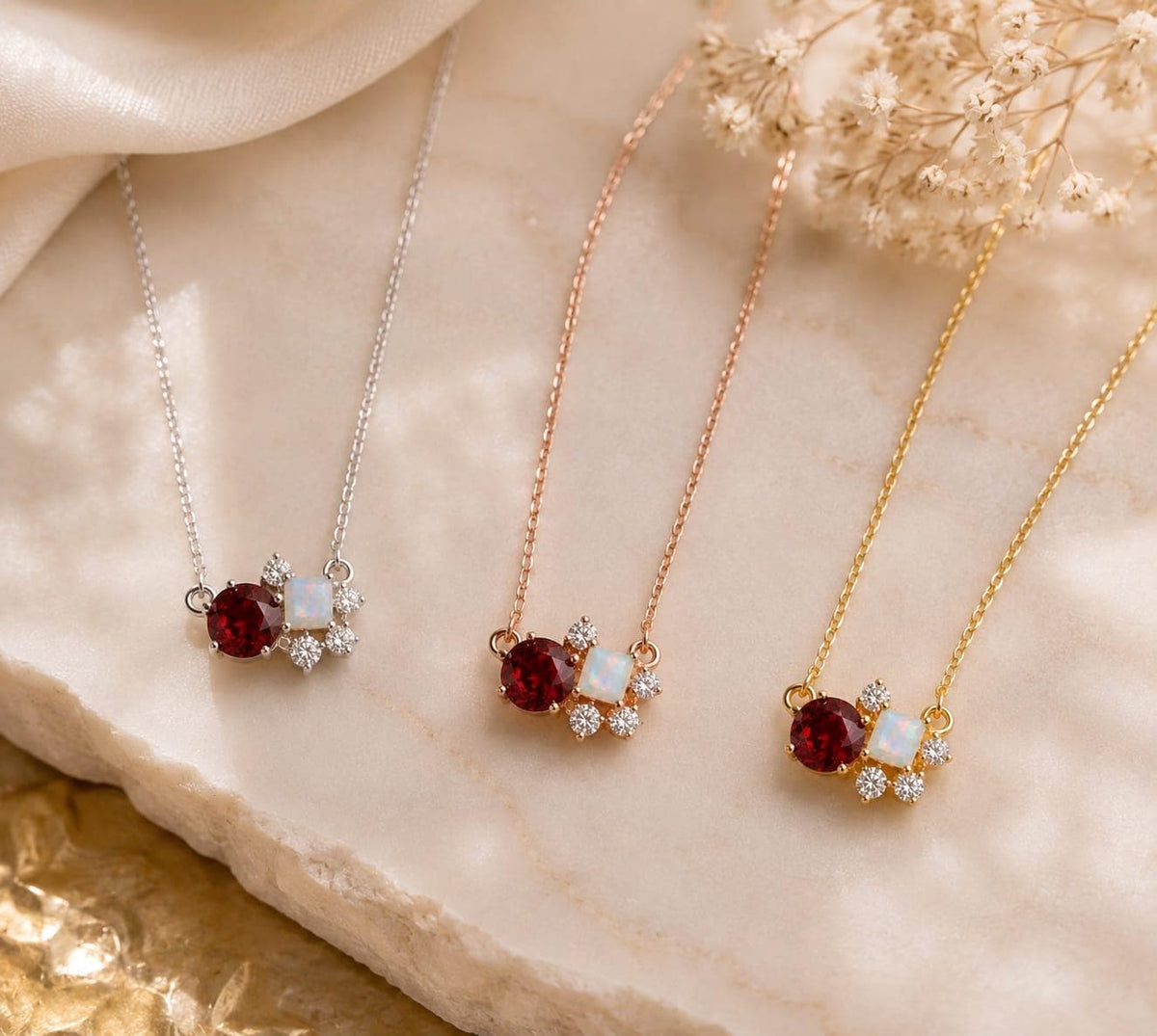 14K Gold Ruby Diamond Cluster Necklace, Round Gemstone Fine Jewelry, Birthday Necklace