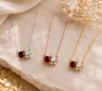 14K Gold Ruby Diamond Cluster Necklace, Round Gemstone Fine Jewelry, Birthday Necklace