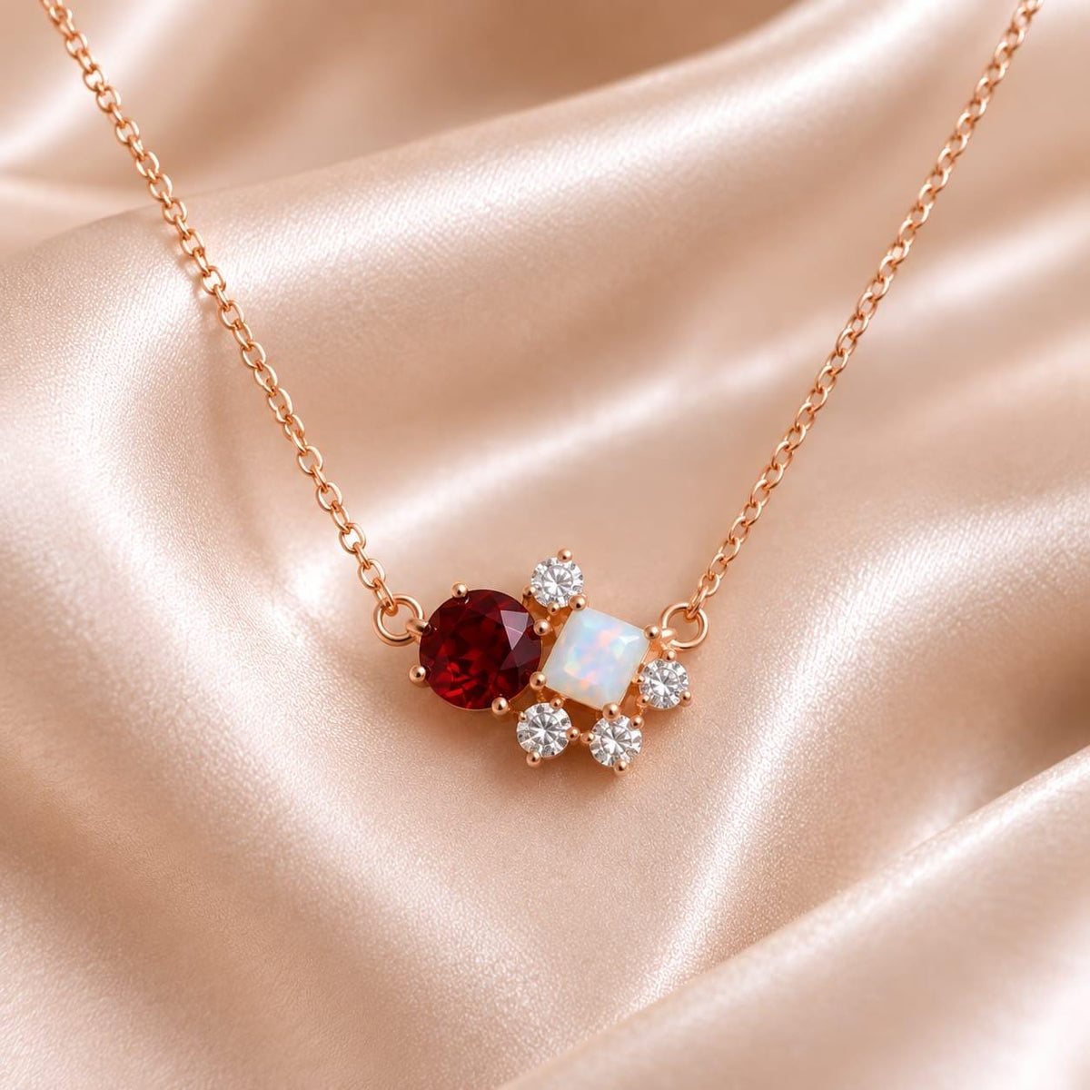 14K Gold Ruby Diamond Cluster Necklace, Round Gemstone Fine Jewelry, Birthday Necklace