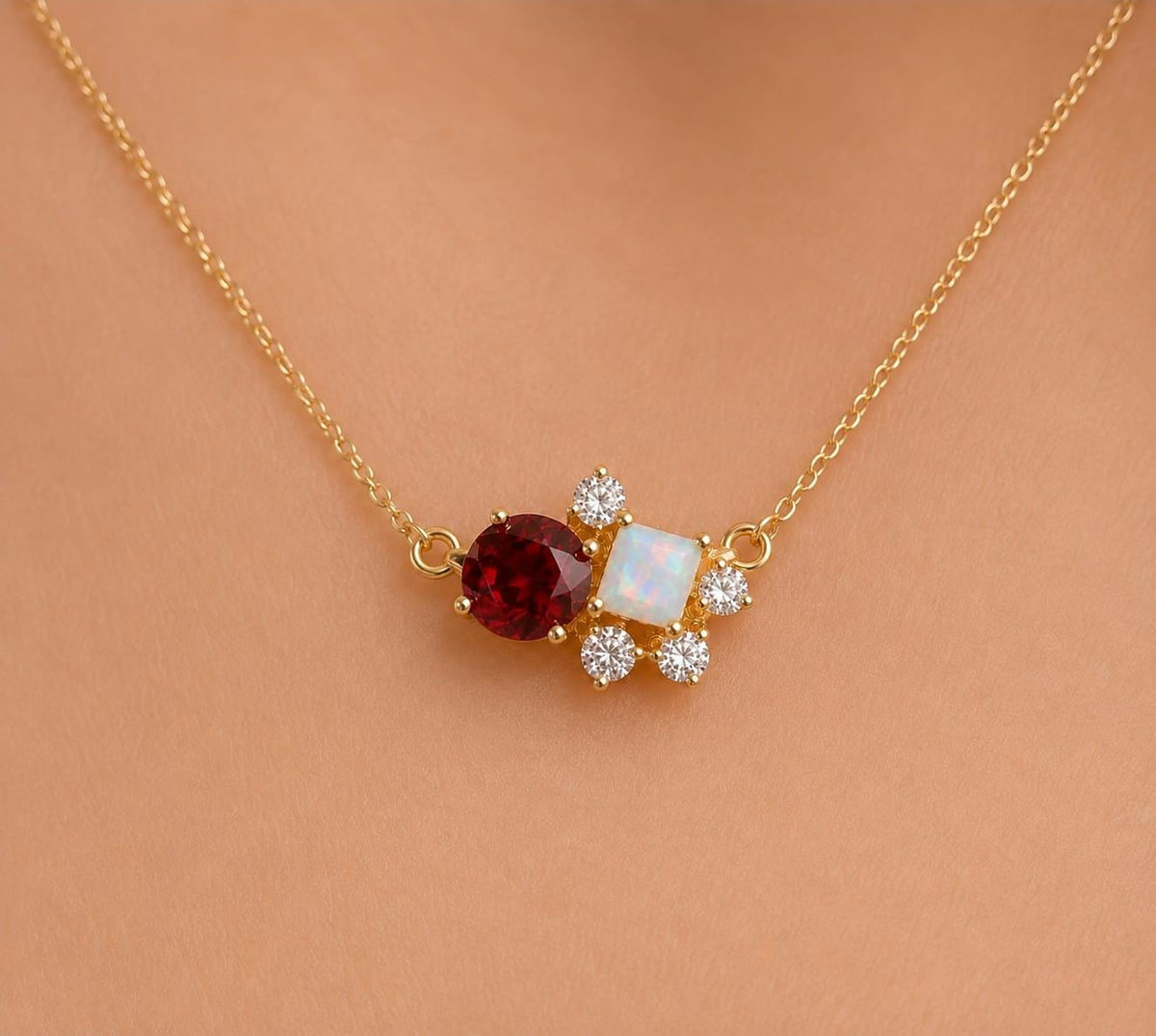 14K Gold Ruby Diamond Cluster Necklace, Round Gemstone Fine Jewelry, Birthday Necklace
