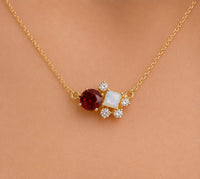 14K Gold Ruby Diamond Cluster Necklace, Round Gemstone Fine Jewelry, Birthday Necklace