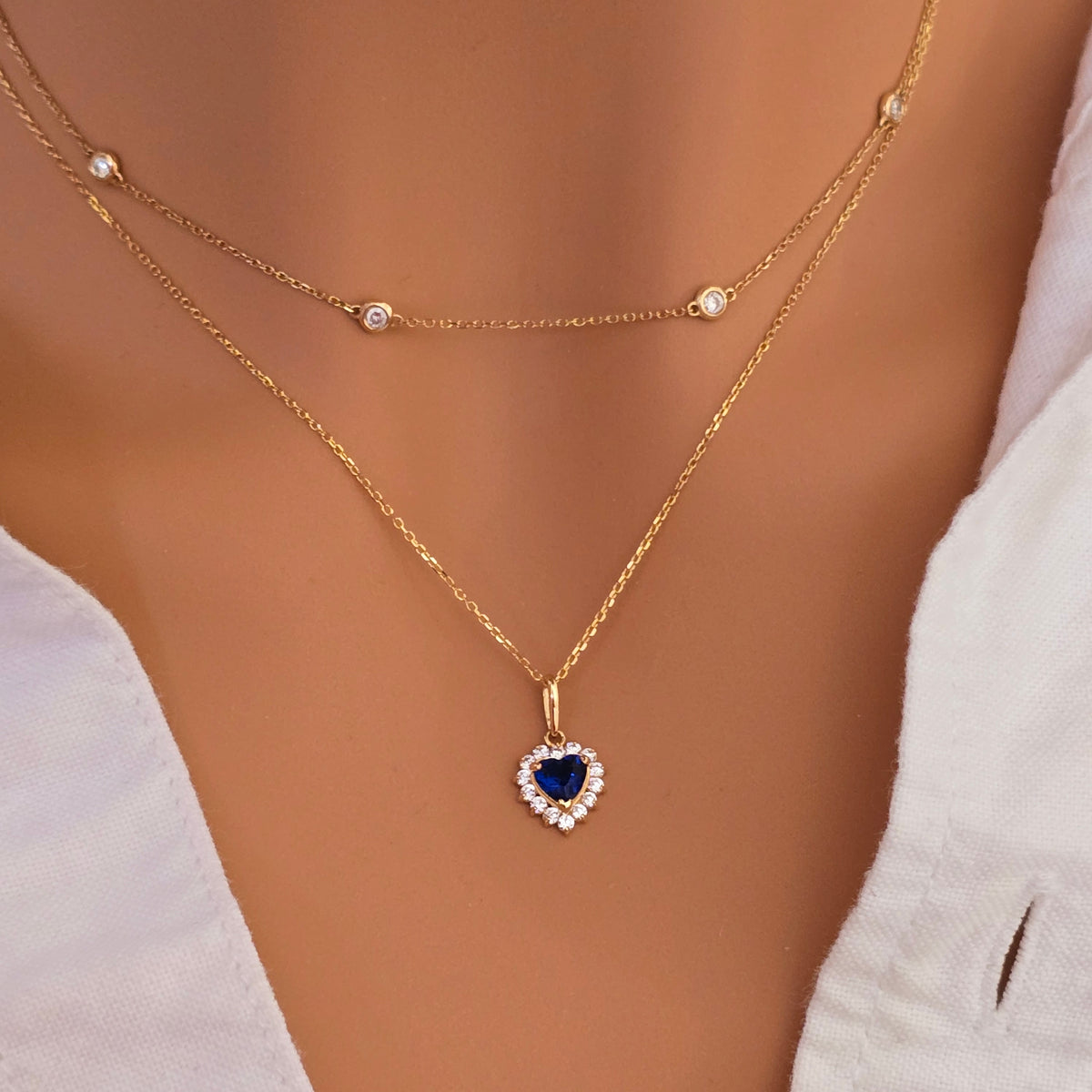 14k Gold Diamond Sapphire Necklace, Diamond Blue Sapphire Pendant, September Birthstone