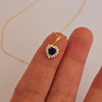 14k Gold Diamond Sapphire Necklace, Diamond Blue Sapphire Pendant, September Birthstone