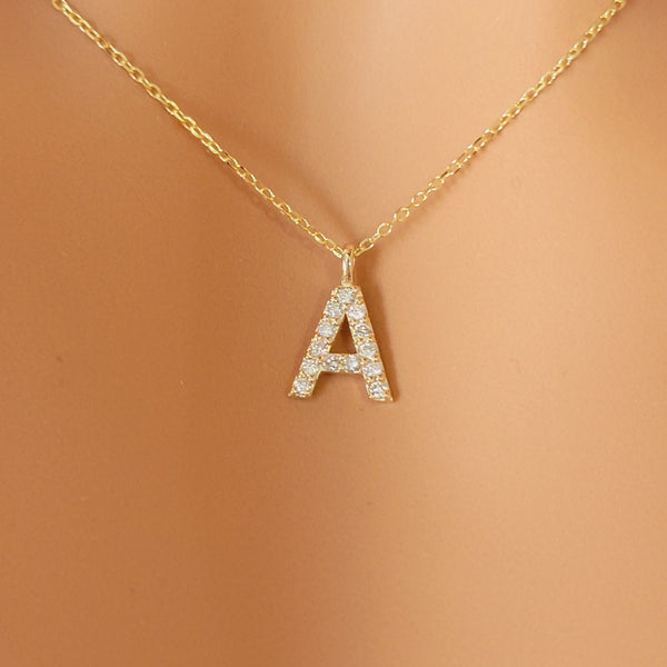  single diamond initial necklace in solid gold 14k and 18k letter necklace 