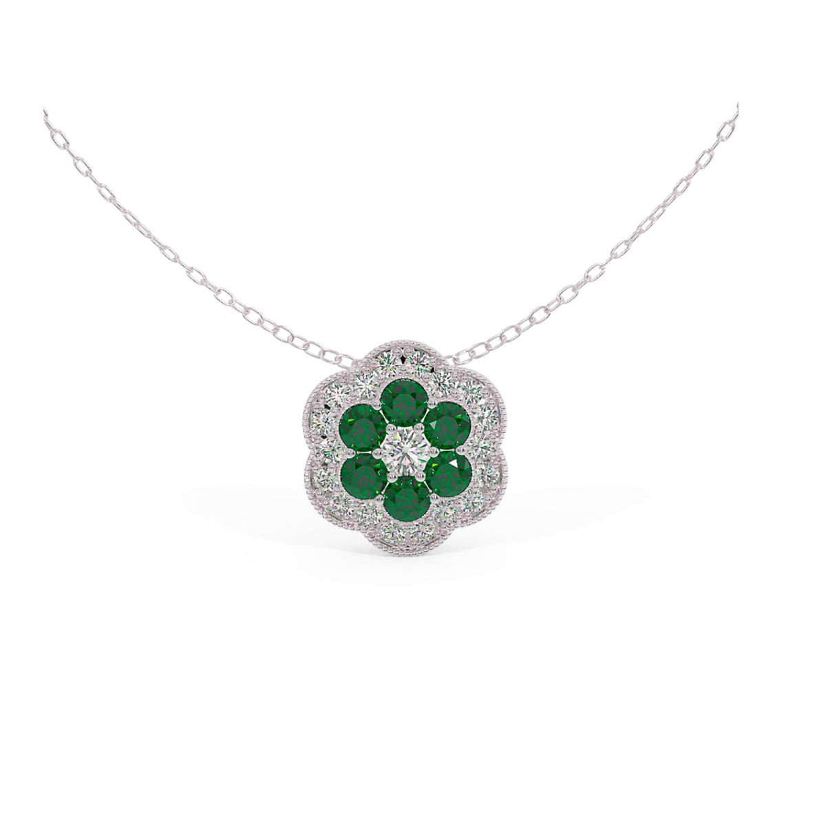 White Gold Necklace, Diamond Necklace, Blue Sapphire Necklace,  White gold Pendant, Flower Necklace, Diamond Flower Pendant, Dainty necklace