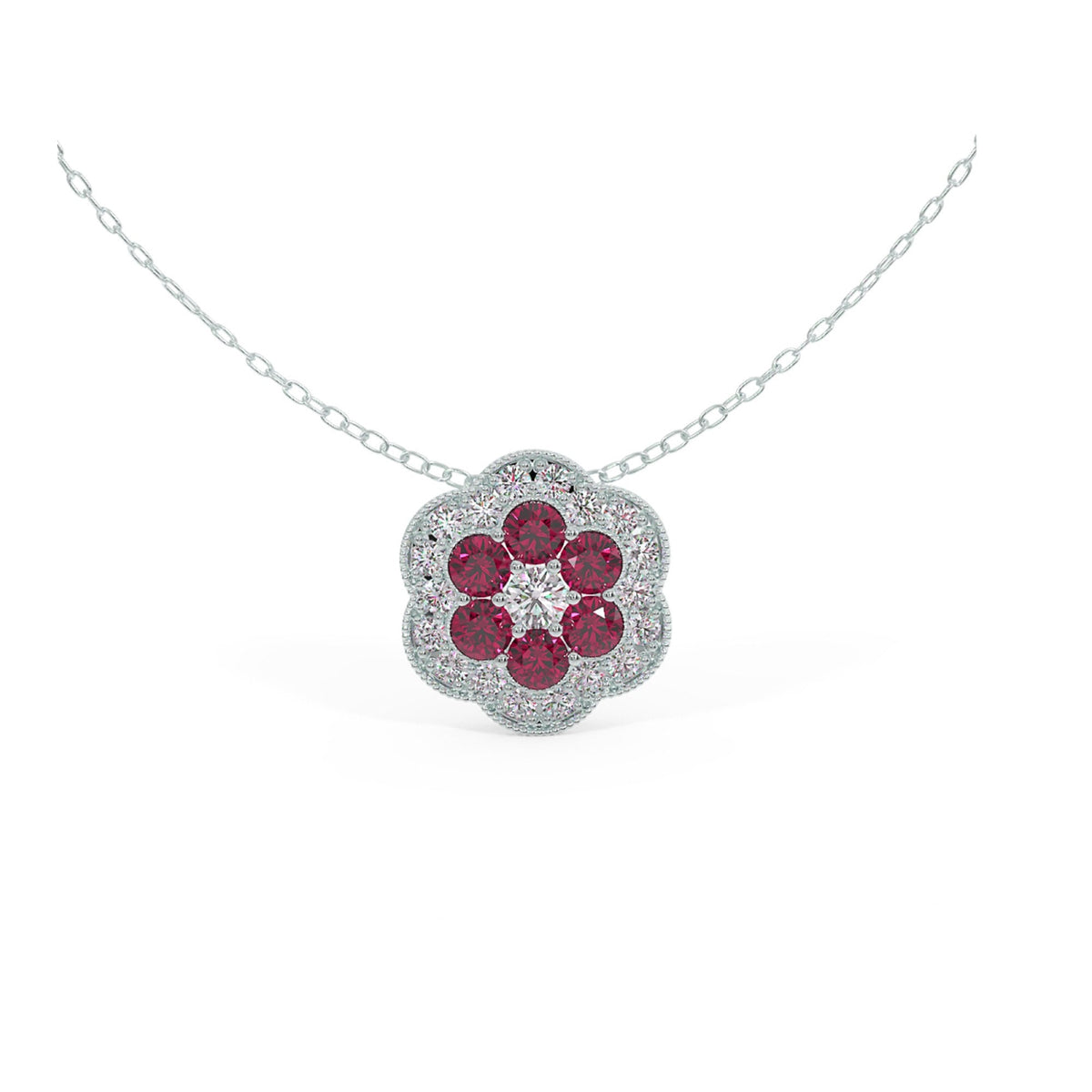 White Gold Necklace, Diamond Necklace, Blue Sapphire Necklace,  White gold Pendant, Flower Necklace, Diamond Flower Pendant, Dainty necklace