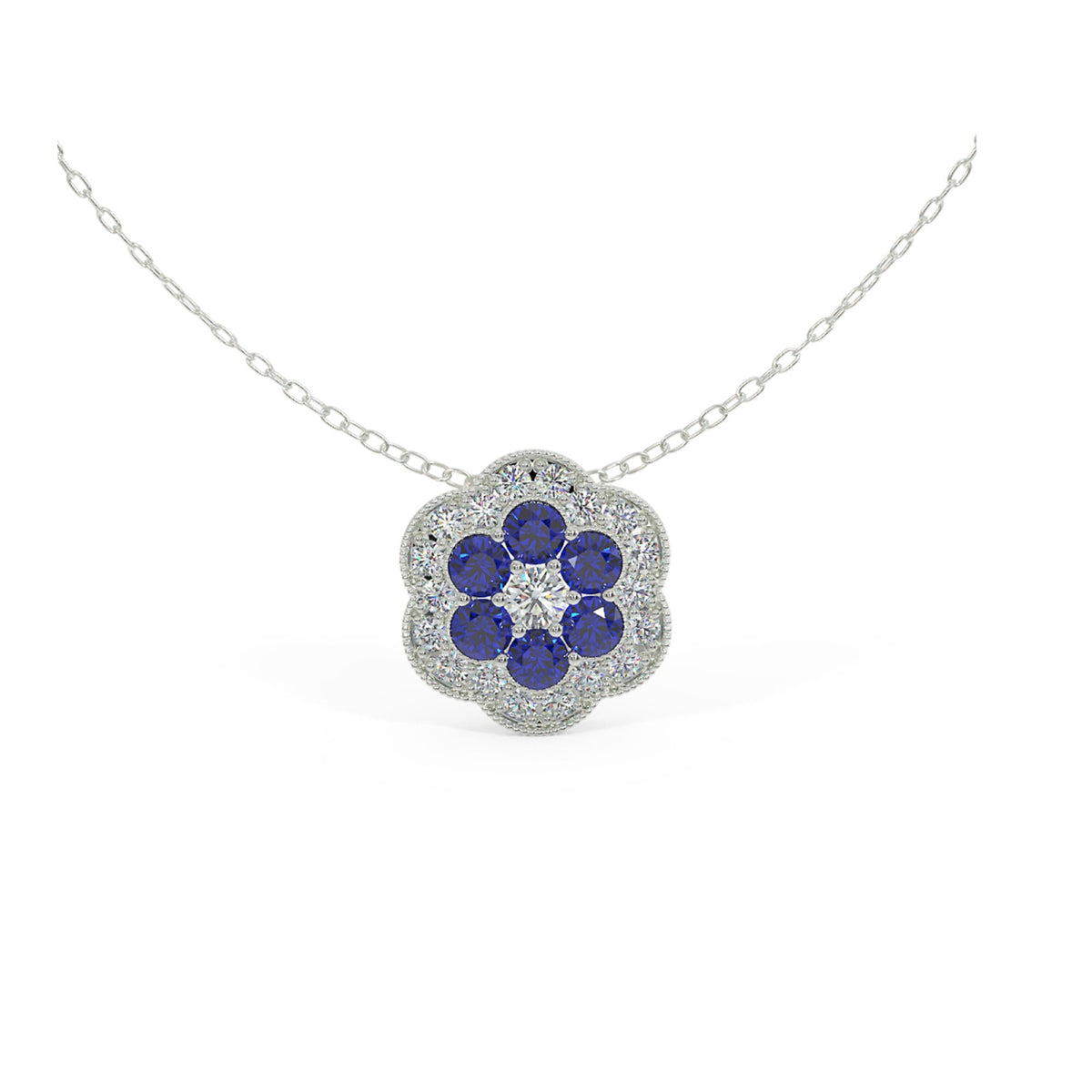 White Gold Necklace, Diamond Necklace, Blue Sapphire Necklace,  White gold Pendant, Flower Necklace, Diamond Flower Pendant, Dainty necklace
