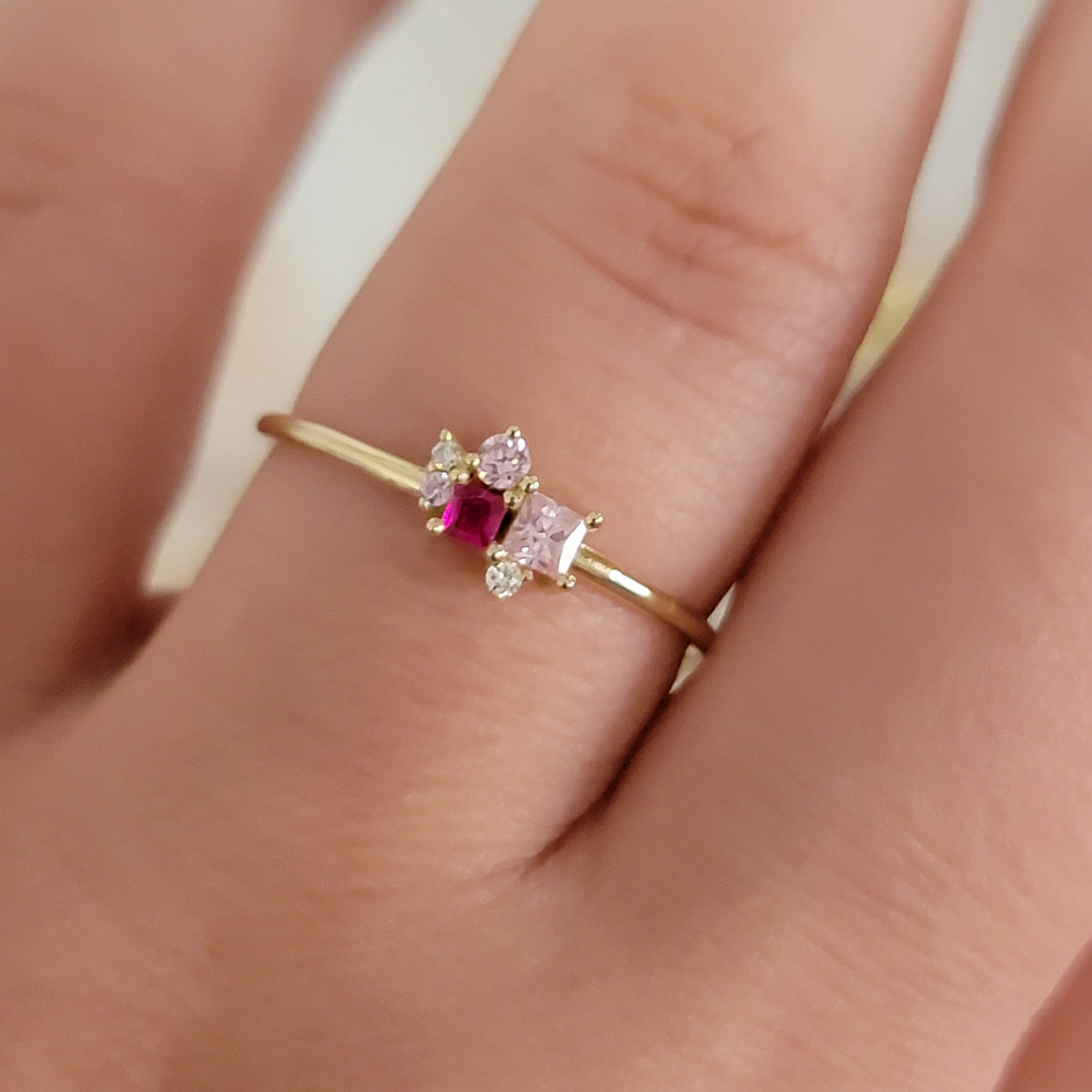 Ruby Diamond Ring in 14k Solid Gold, Cluster Diamond Ring, Personalized Ring, Birthstone Rings, Pink Sapphire and diamond Ring