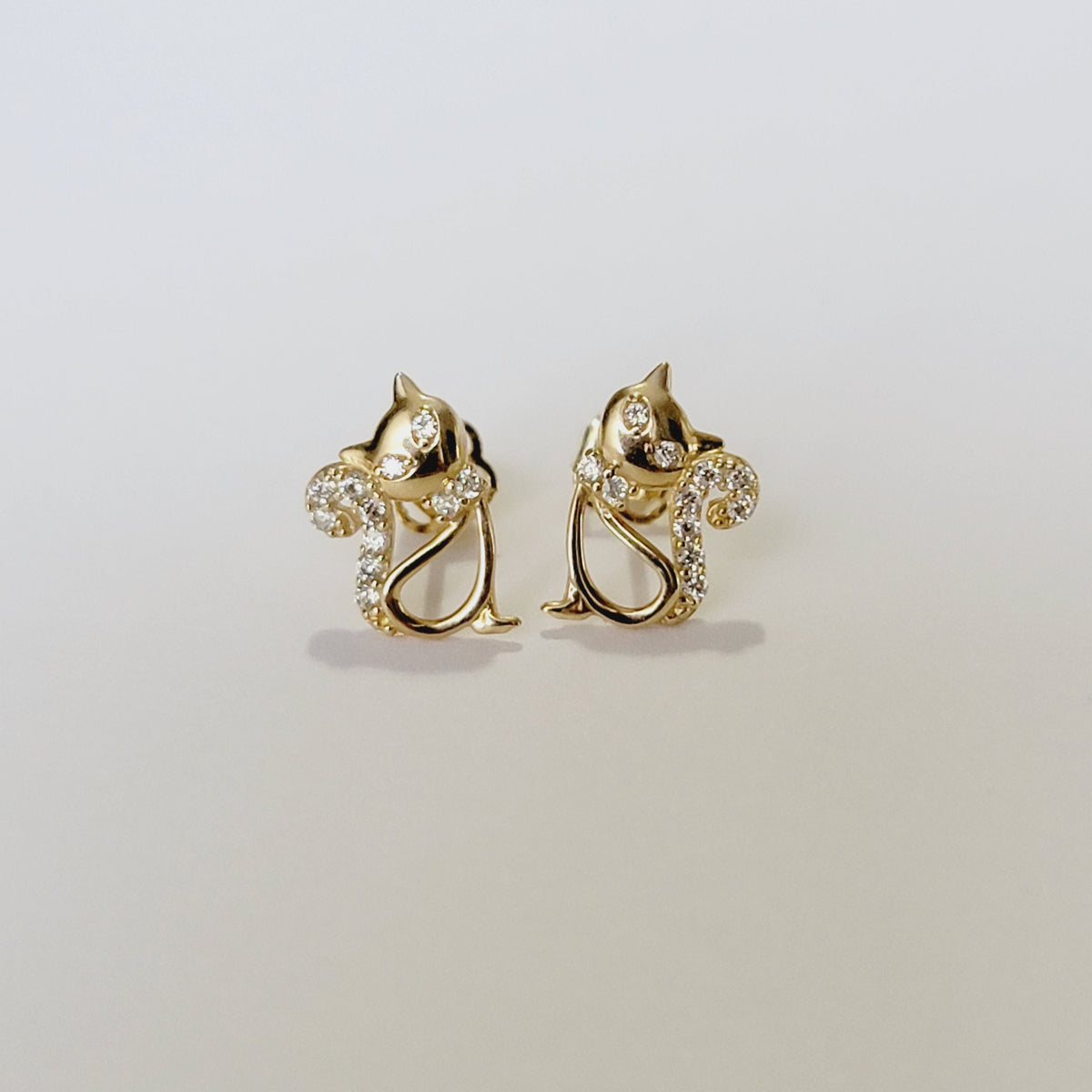 Diamond Cat Stud Earrings in 14k / 18k Solid Gold 