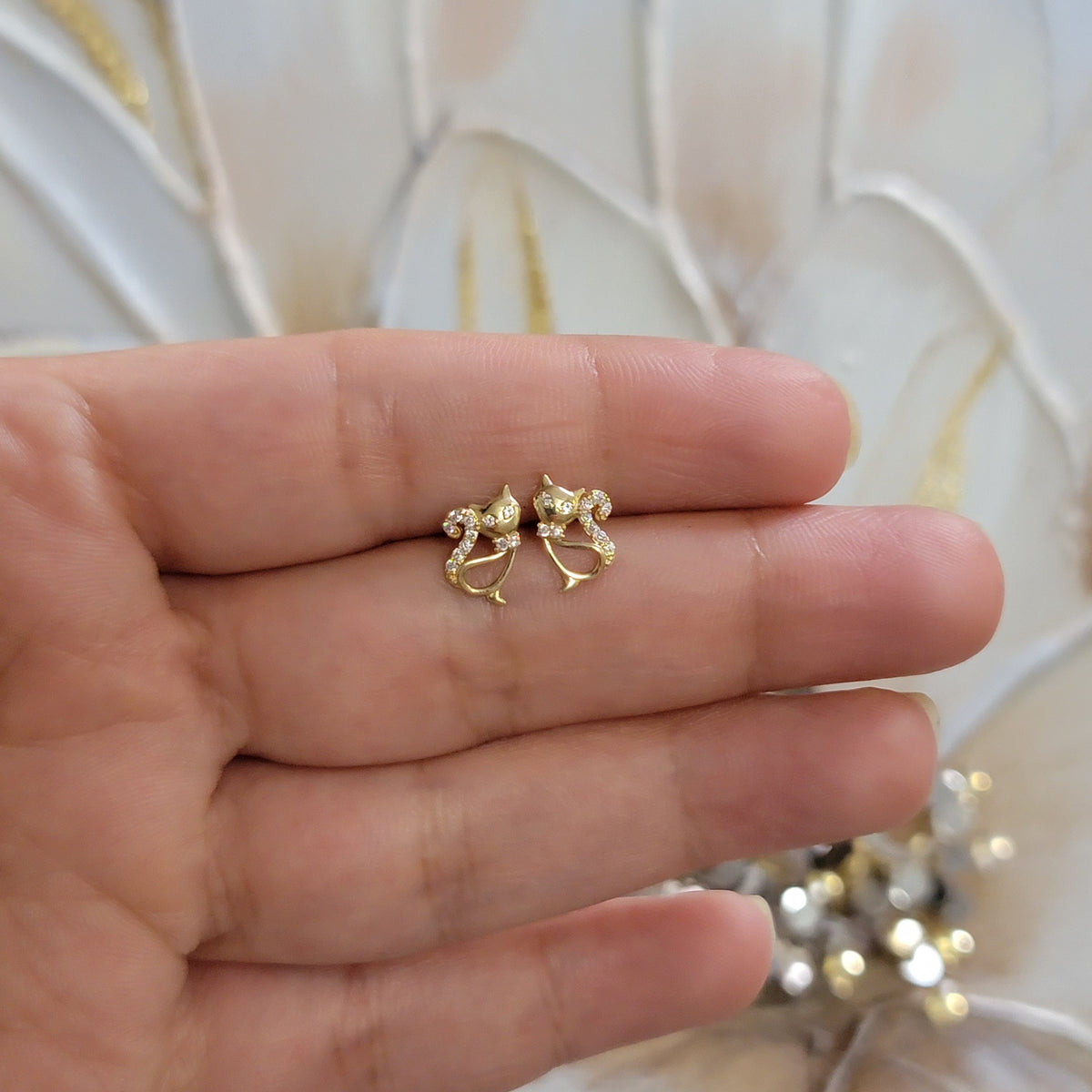 Diamond Cat Stud Earrings in 14k/18k Solid Gold