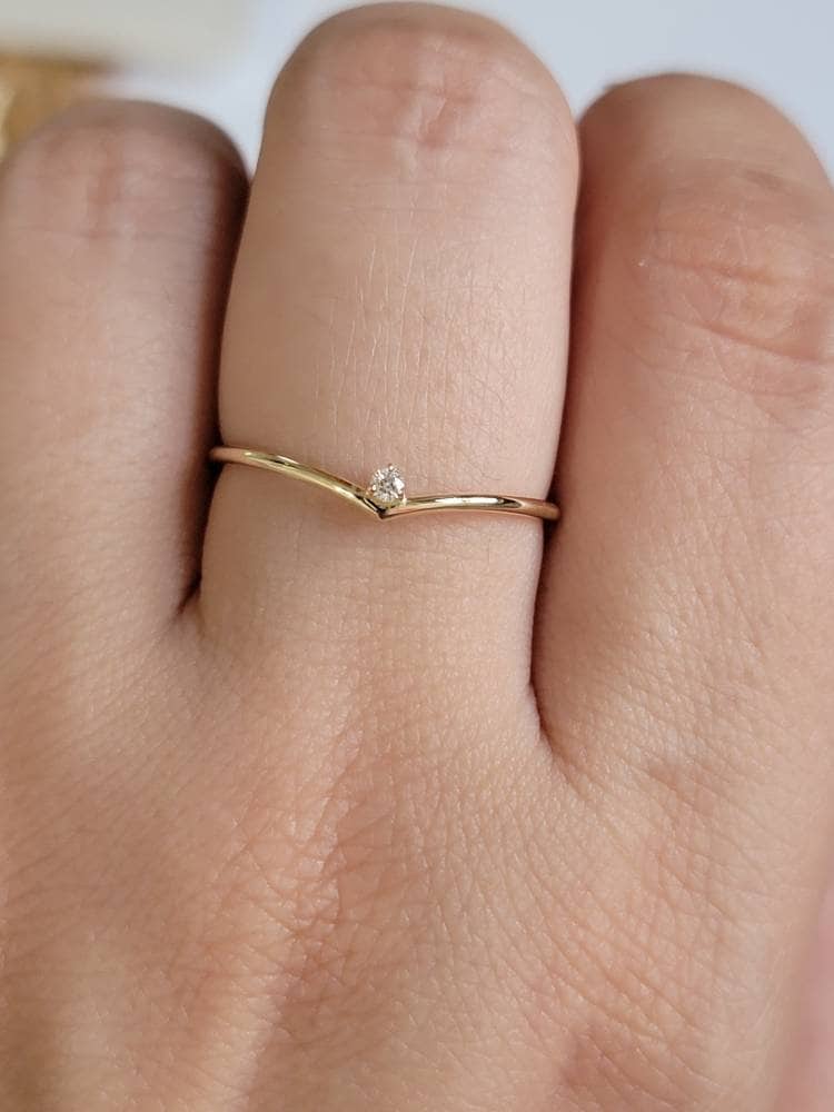 V Diamond Ring in 14k Gold, Curved Diamond Ring, Chevron Ring, Midi V Diamond Ring, Dainty Diamond Band, Stacking Ring, Matching Band