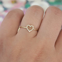 Diamond Heart Ring, 14K Solid Gold Open Heart Ring, 0.09 Ctw Natural Diamond Band, Promise Ring, Heart Shape Ring, 14k White