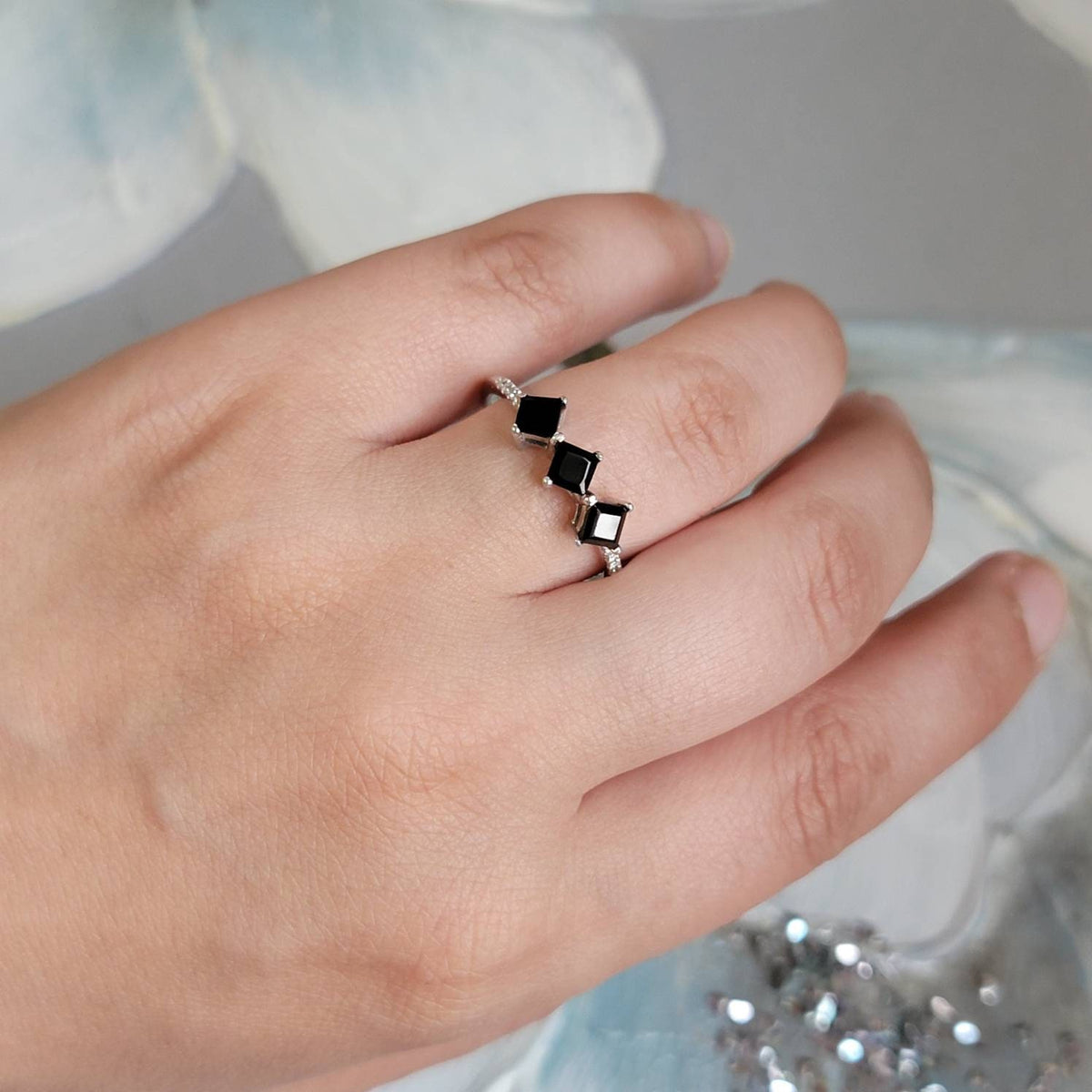 Black Onyx & Diamond Engagement Ring